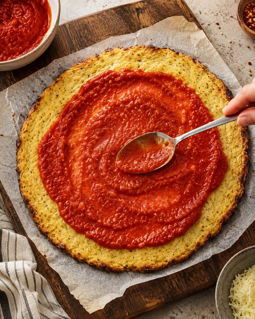 A hand spreads tomato sauce on a round pizza crust with a spoon. The crust sits on parchment paper atop a wooden board. Bowls of sauce and cheese are nearby.