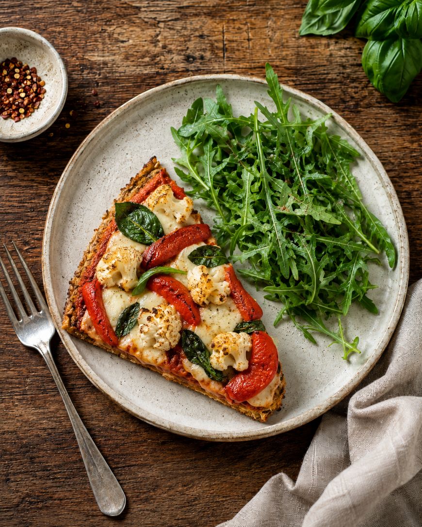 A plate with a slice of vegetable pizza topped with tomatoes, cauliflower, and basil, served with a side of fresh arugula salad. A fork, a napkin, and a bowl of red pepper flakes are nearby on a wooden table.