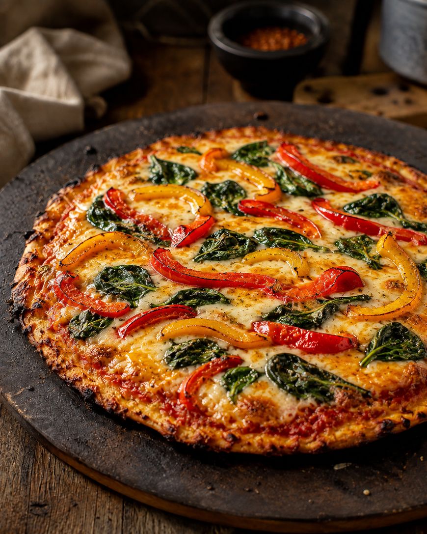 A freshly baked pizza topped with spinach, red and yellow bell peppers, and melted cheese sits on a round stone tray on a rustic wooden table.