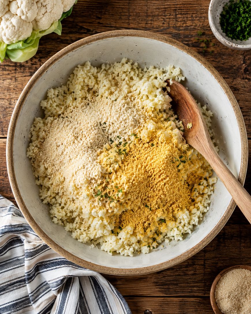 A bowl of cauliflower rice mixed with yellow nutritional yeast and breadcrumbs, with a wooden spoon resting inside. A striped cloth, a head of cauliflower, and small bowls are nearby on a wooden table.