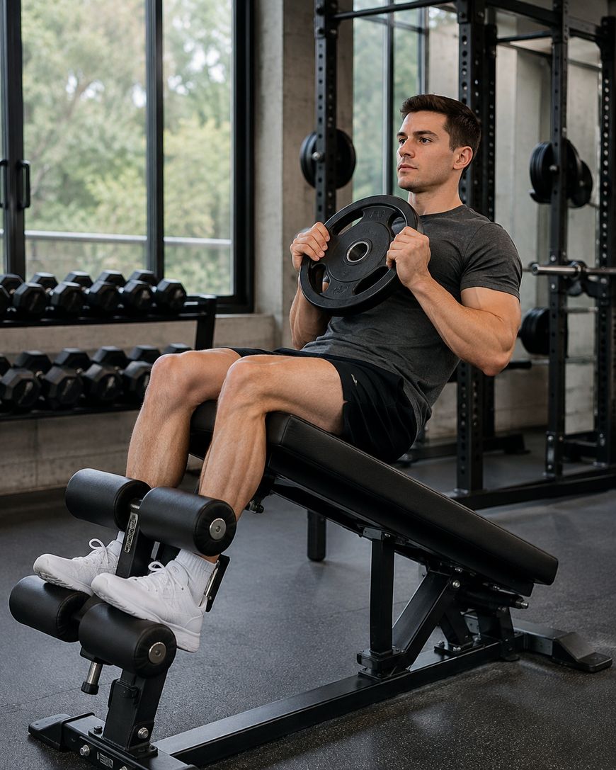 A man in athletic wear performs a sit-up on an inclined bench while holding a weight plate to his chest in a gym with dumbbells and large windows in the background.