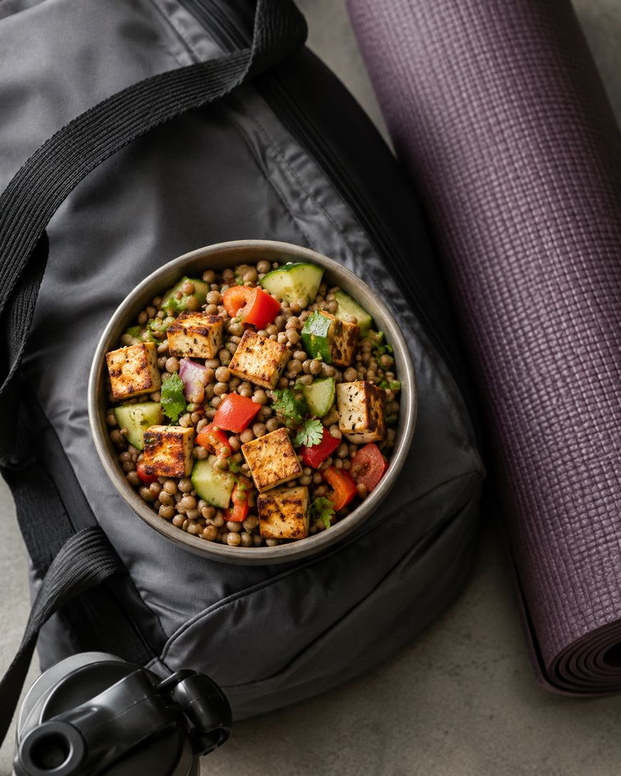 A bowl of lentil salad with grilled tofu, vegetables, and herbs sits on a gray gym bag next to a purple yoga mat and a black water bottle.