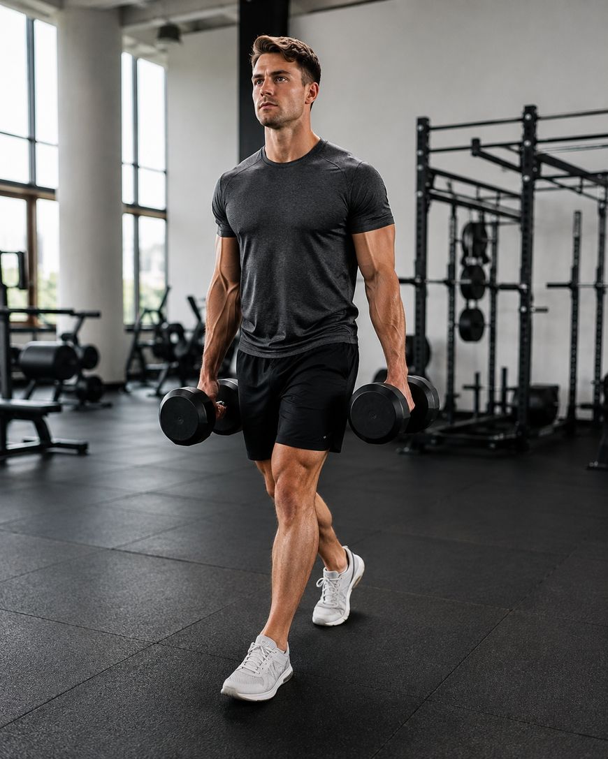 A man in a gym carries dumbbells while walking. He wears a dark t-shirt, black shorts, and white sneakers. Fitness equipment and large windows are visible in the background.
