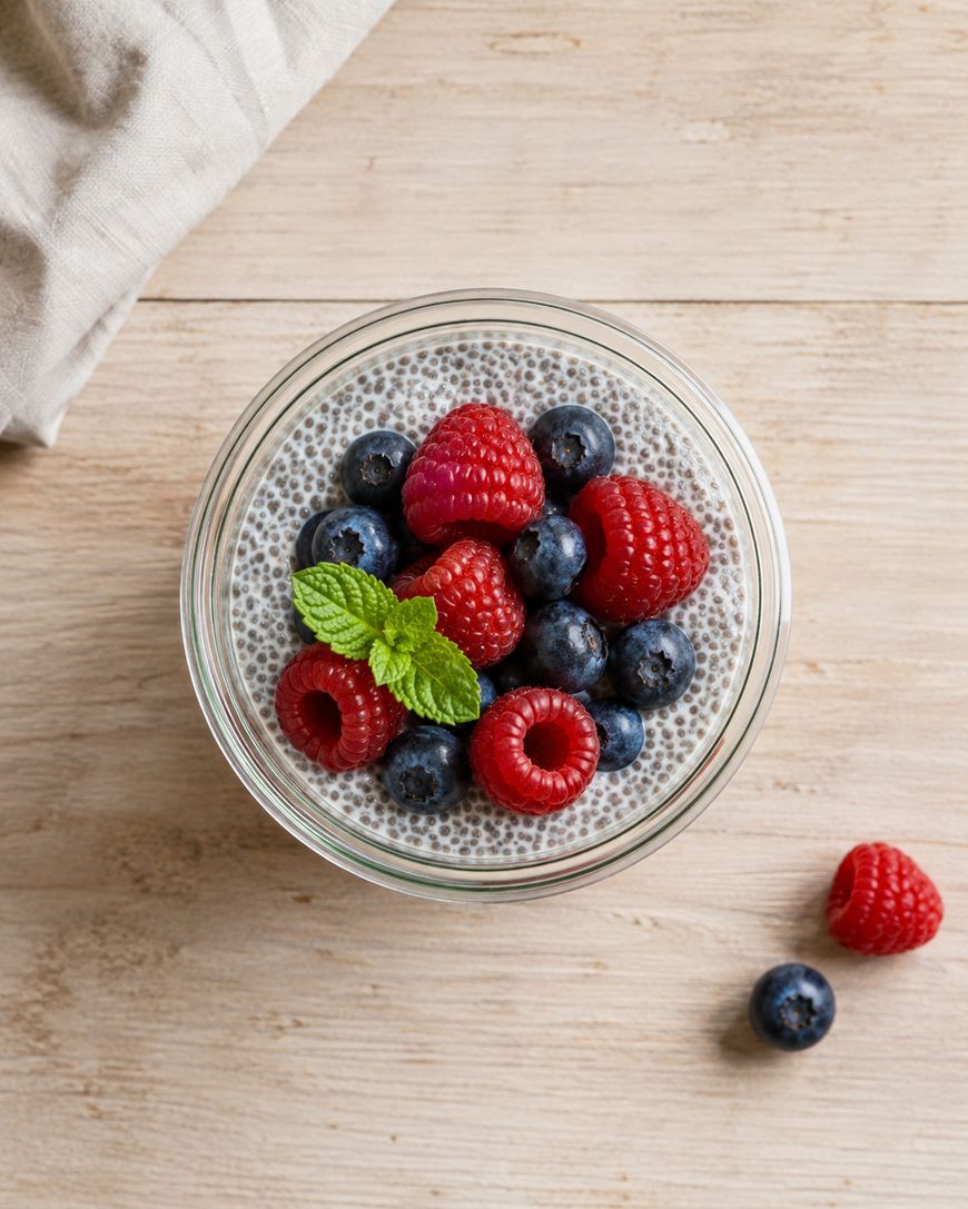 A glass bowl of chia pudding topped with fresh raspberries, blueberries, and a sprig of mint sits on a light wooden surface, with a raspberry and blueberry beside the bowl.