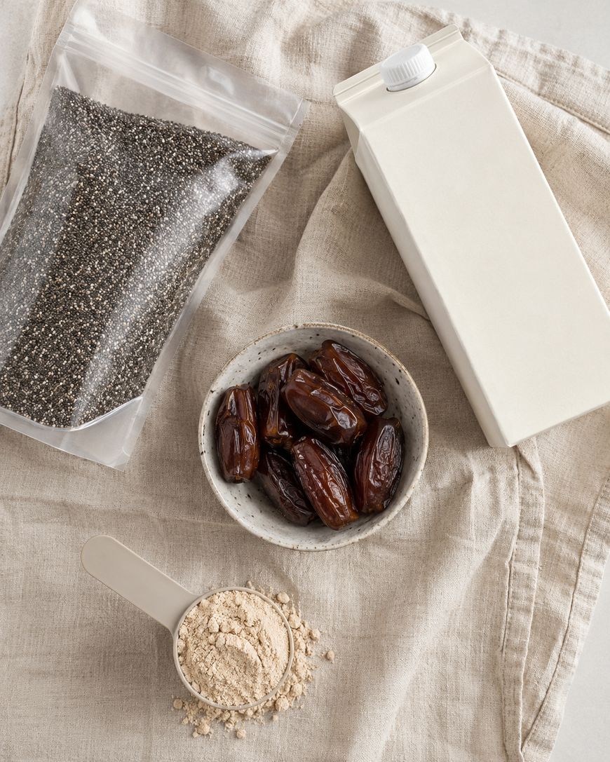 A bag of chia seeds, a bowl of dates, a scoop of beige powder, and a carton of plant-based milk are arranged on a beige cloth.