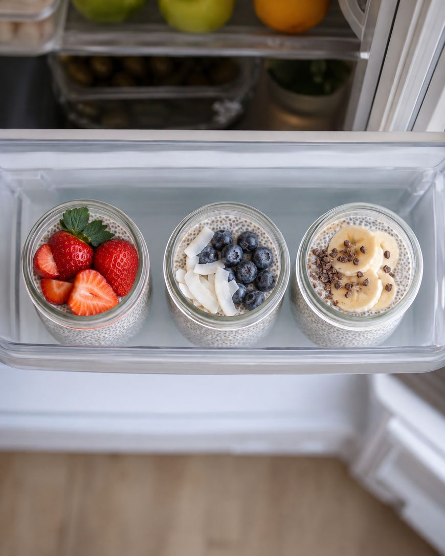 Three jars of chia pudding in a refrigerator door, topped with strawberries, blueberries and coconut, and banana with cocoa nibs.
