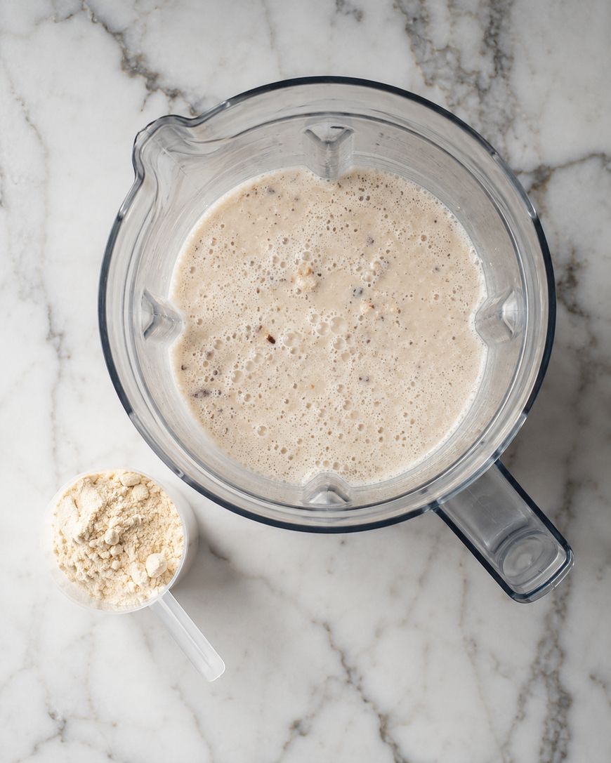A blender filled with a creamy, frothy liquid sits on a marble counter. Next to it is a plastic scoop containing a light-colored powder, likely protein powder or flour.