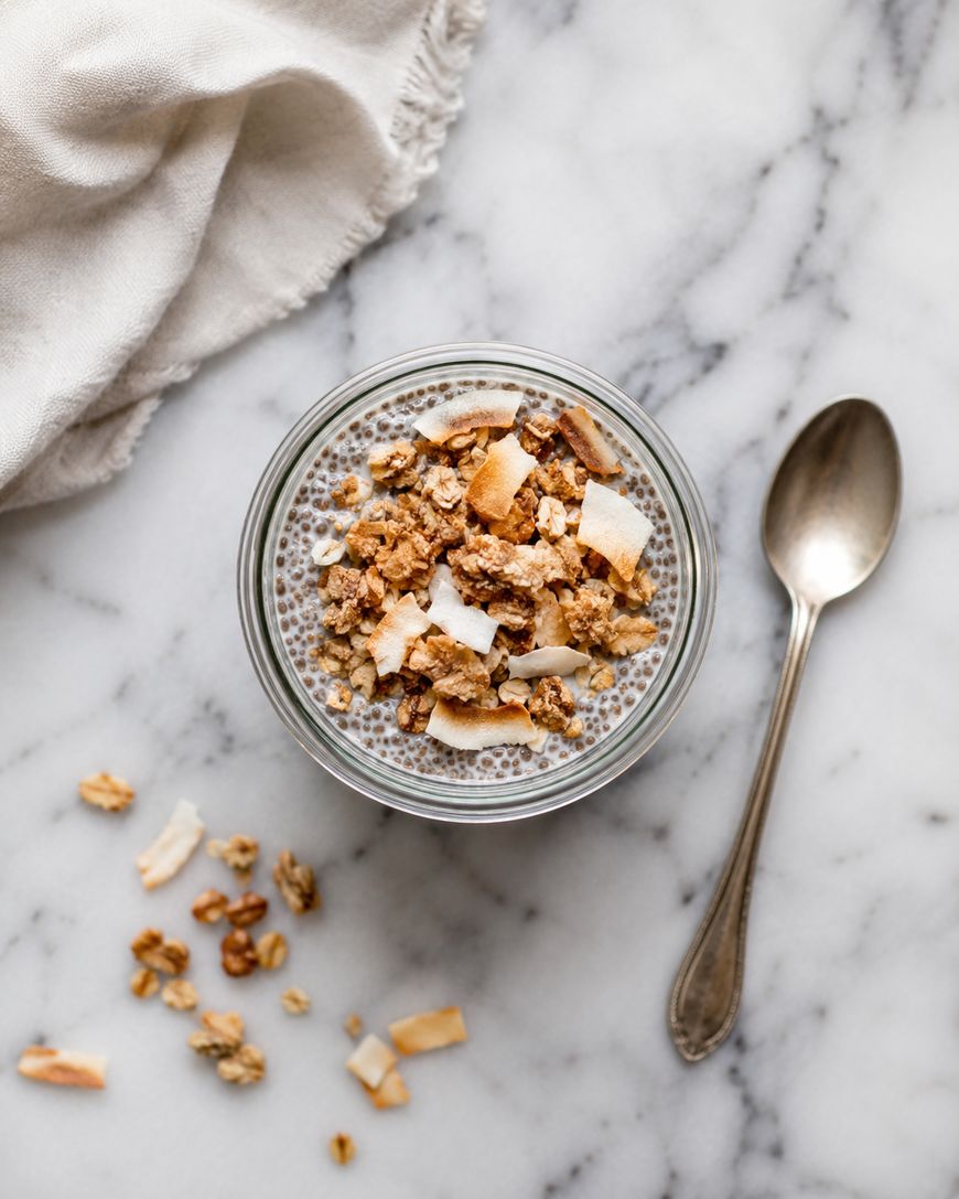 A glass jar of chia pudding topped with granola and coconut flakes sits on a marble surface next to a silver spoon and a beige cloth. Some granola and coconut flakes are scattered nearby.