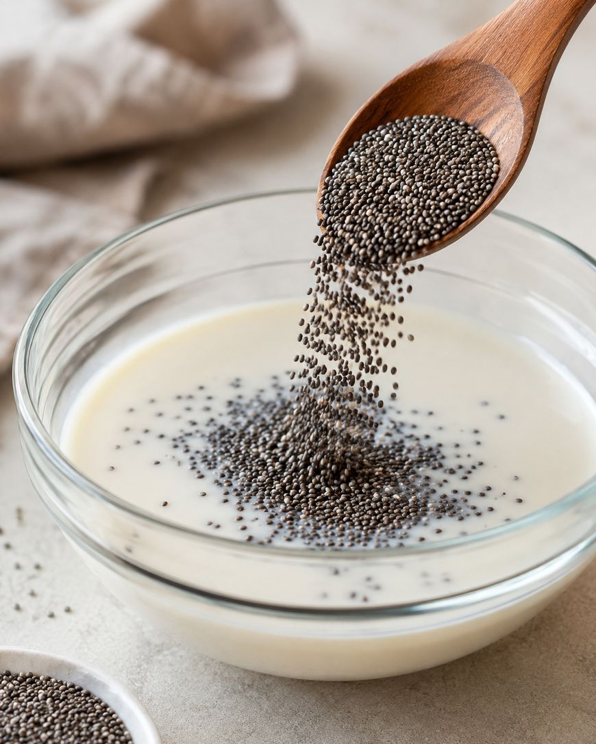 A wooden spoon pours chia seeds into a glass bowl filled with milk on a light surface, with a beige cloth in the background.