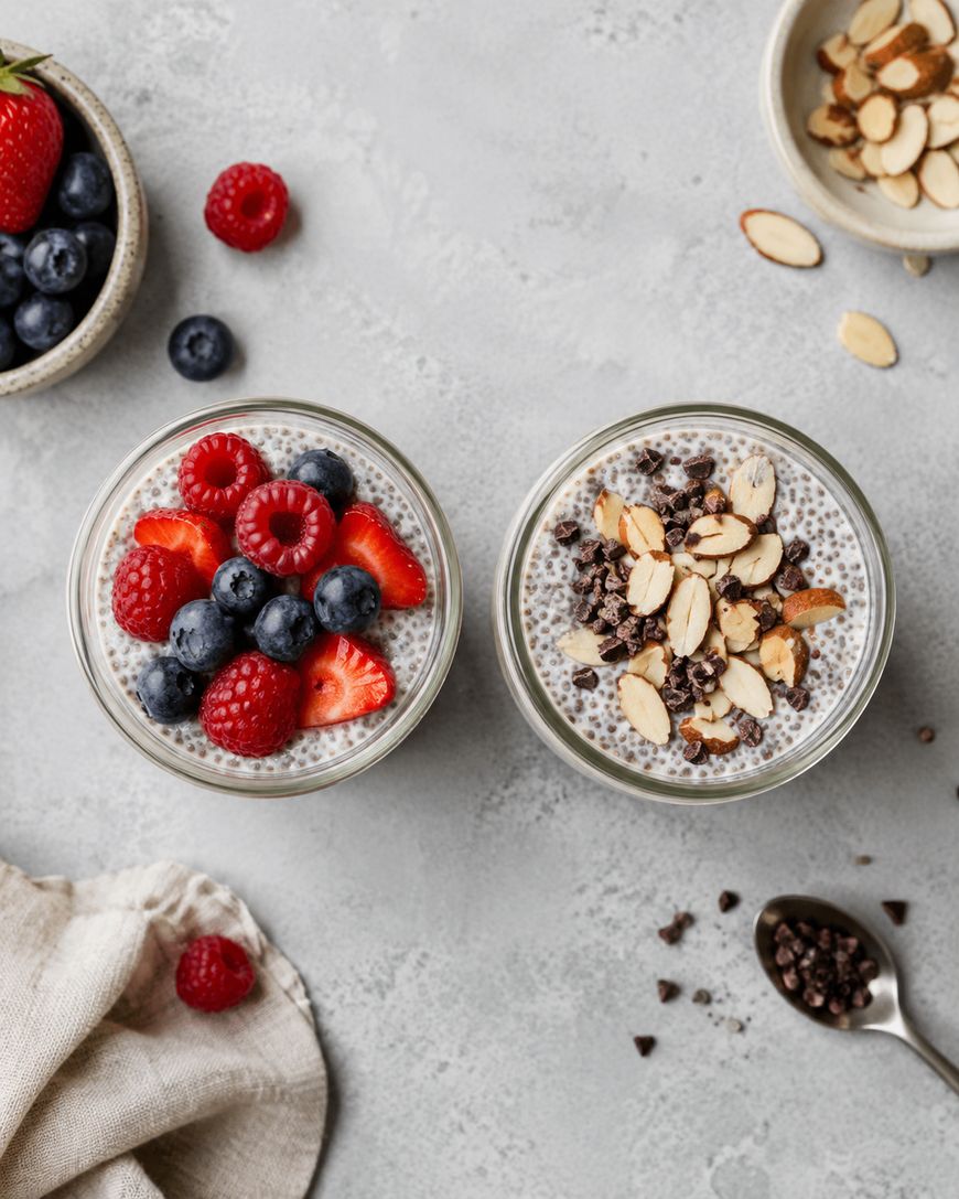 Two jars of chia pudding: one topped with blueberries, raspberries, and strawberries, and the other topped with sliced almonds and chocolate. Nearby are bowls of berries, almonds, and a spoon with chocolate chips.