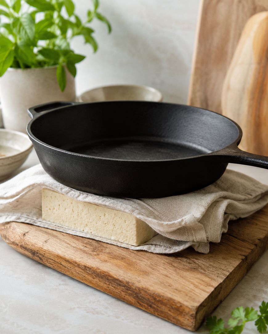 A hand holds an avocado on a wooden cutting board while slicing it lengthwise with a knife; a bowl of salt, cilantro, and a cloth are nearby on a white countertop.
