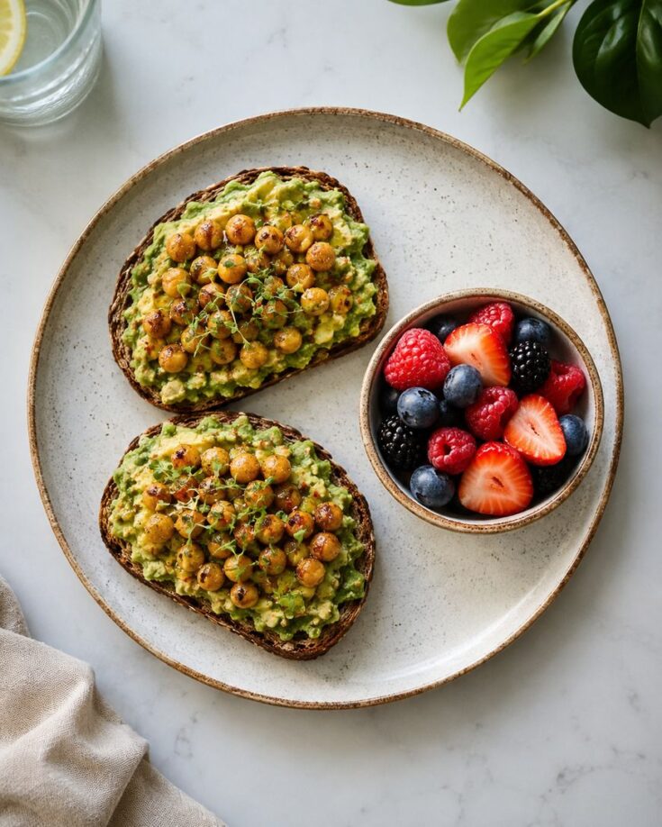 A plate with two slices of avocado toast topped with chickpeas and herbs, next to a small bowl of mixed berries (strawberries, raspberries, blueberries, blackberries) on a white table.
