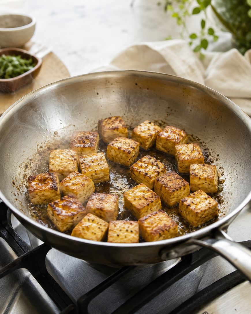 Cubed tofu pieces are browning in a stainless steel pan on a stovetop. The tofu is seasoned and appears crispy. In the background, there are bowls with green herbs and a beige cloth.