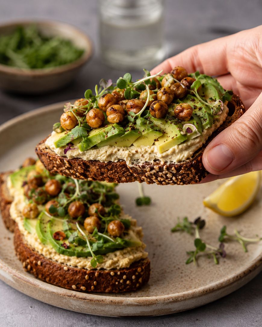 Hand holding toast topped with hummus, avocado slices, roasted chickpeas, and microgreens; another slice is on a plate with lemon and greens in the background.