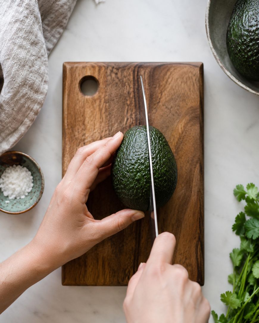 A hand holds an avocado on a wooden cutting board while slicing it lengthwise with a knife; a bowl of salt, cilantro, and a cloth are nearby on a white countertop.