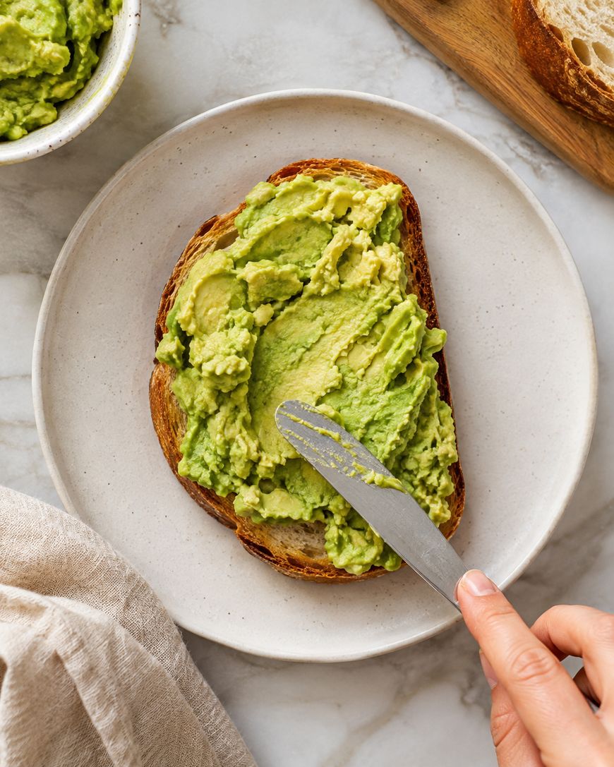A hand spreading mashed avocado onto a slice of toasted bread with a butter knife, on a white plate. Nearby are a bowl of avocado and a wooden board with more bread slices.