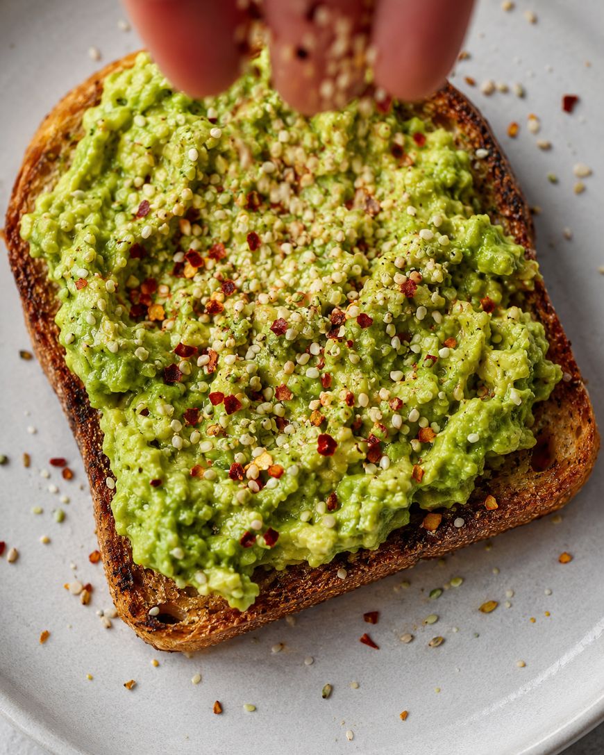 A hand sprinkles seeds over mashed avocado on toasted bread, served on a white plate.
