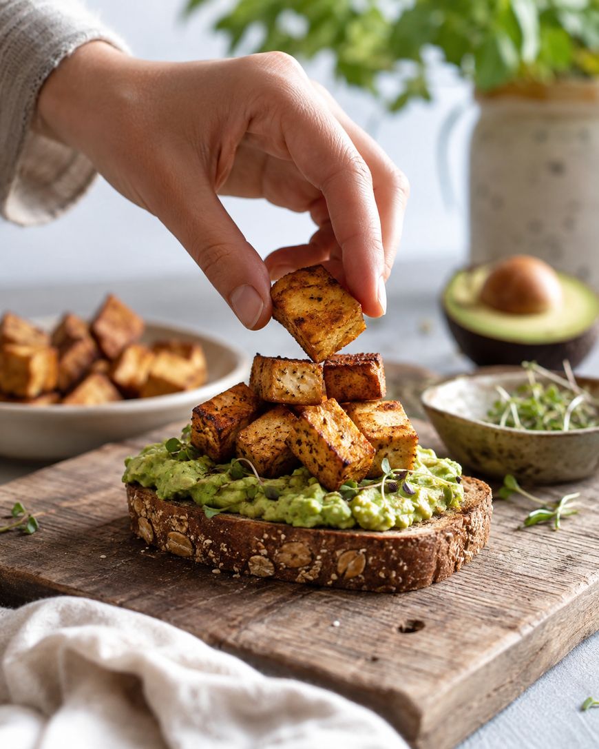 A hand places seasoned tofu cubes on avocado toast, which sits on a wooden board. In the background are a bowl of tofu, a halved avocado, microgreens, and a jar of greens.