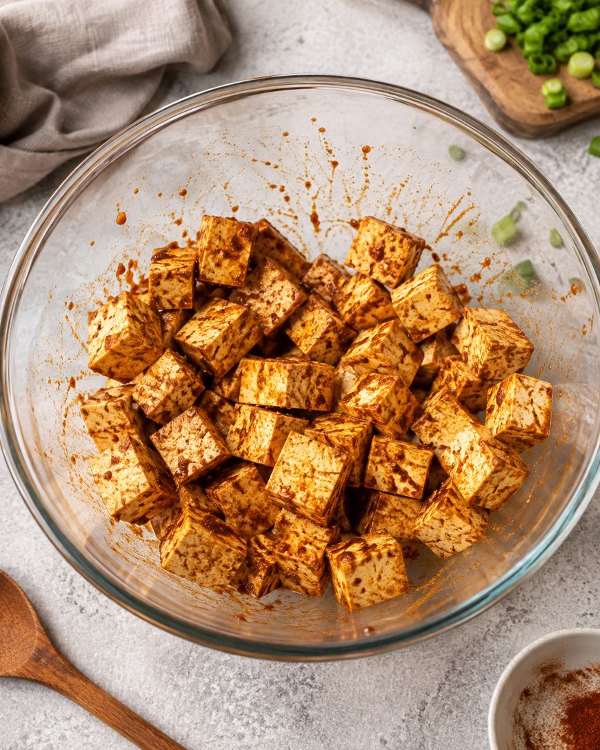 Cubed tofu coated in a reddish-brown seasoning sits in a glass bowl on a light countertop. Green onions and a wooden spoon are nearby, with a beige cloth in the background.