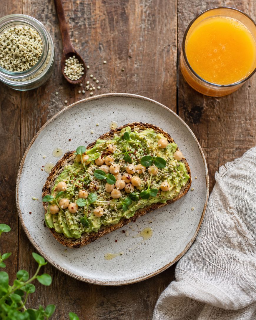 A slice of avocado toast topped with chickpeas, greens, and seeds sits on a plate next to a glass of orange juice, a jar of seeds, and a wooden spoon on a rustic wooden table.