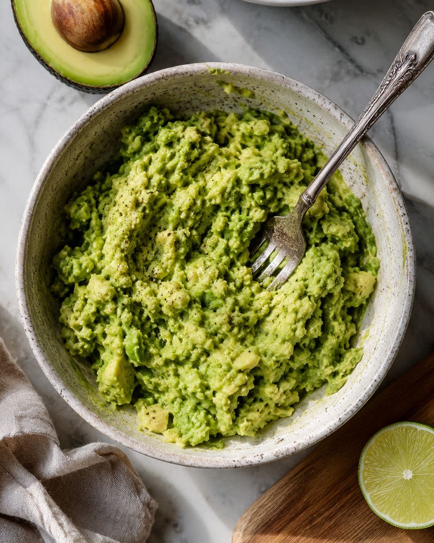A bowl of mashed avocado with a fork inside, next to half a lime, a halved avocado, and a cloth napkin on a marble surface.