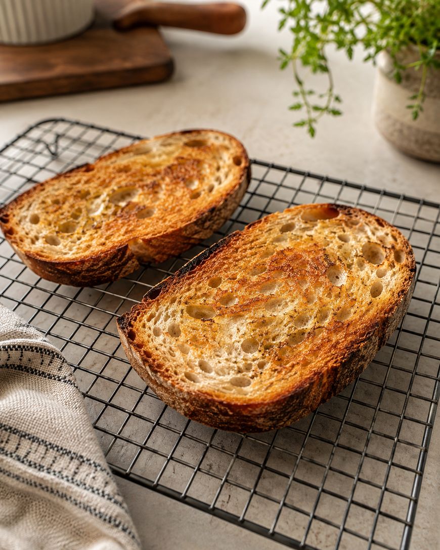 Two slices of toasted sourdough bread on a cooling rack, with a striped cloth nearby and a potted green plant in the background.