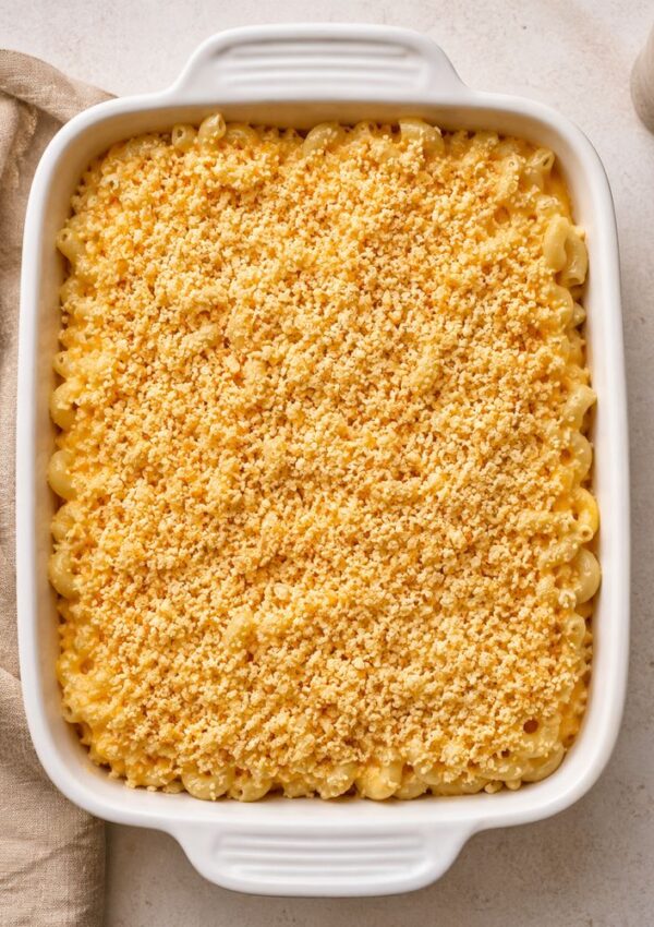 A white baking dish filled with baked macaroni and cheese topped with a golden breadcrumb crust sits on a light surface next to a beige cloth napkin.