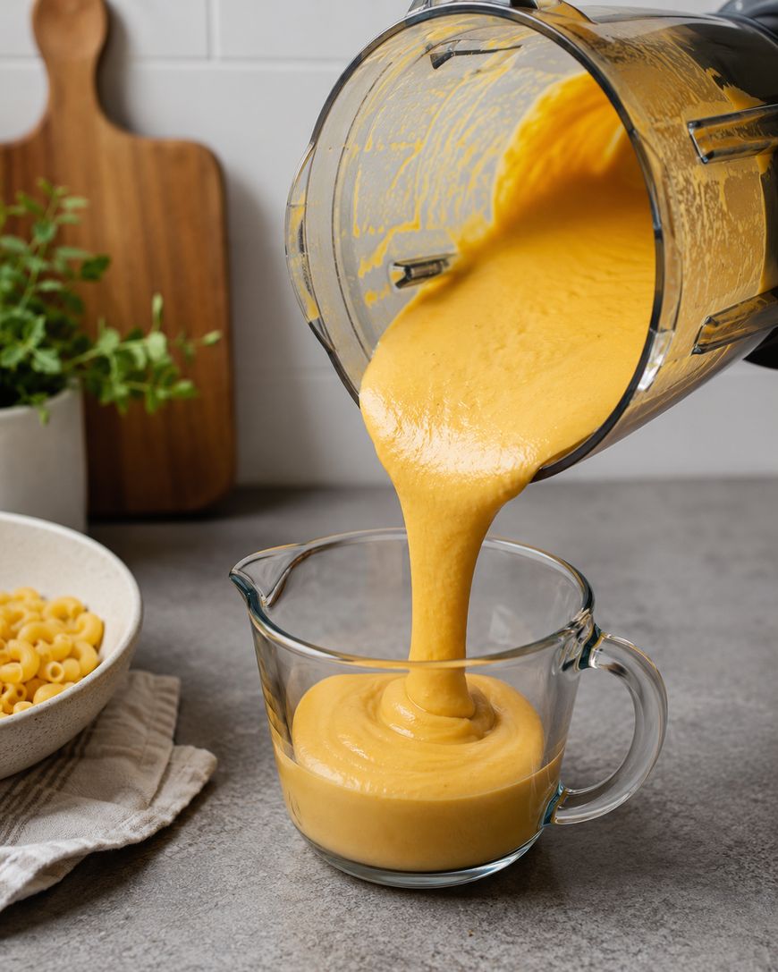 A blender pours creamy orange sauce into a glass measuring cup on a gray countertop. A bowl of elbow macaroni and a wooden cutting board are in the background.