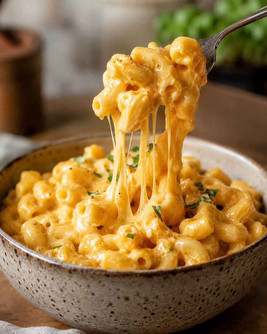 A bowl of creamy macaroni and cheese with melted cheese stretching from a fork, garnished with chopped herbs.