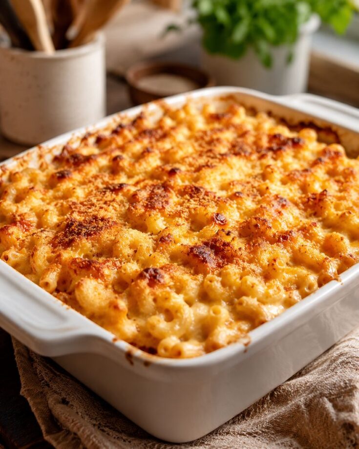 A white baking dish filled with golden-brown, baked macaroni and cheese sits on a cloth with a blurred plant and kitchen items in the background.