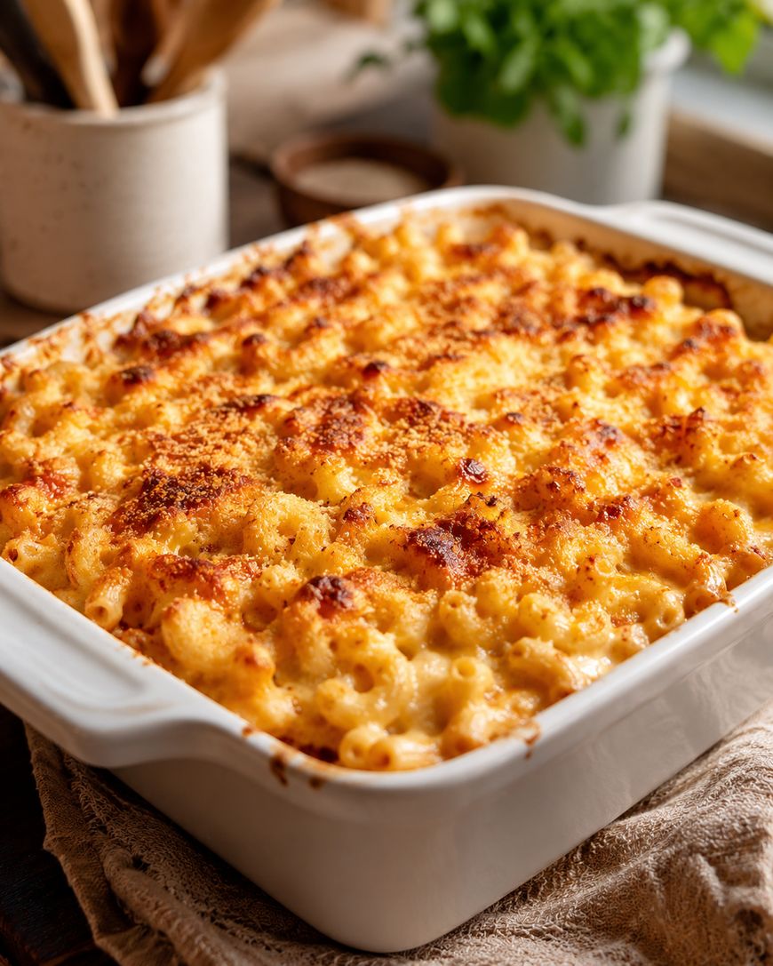 A white baking dish filled with golden-brown, baked macaroni and cheese sits on a cloth with a blurred plant and kitchen items in the background.