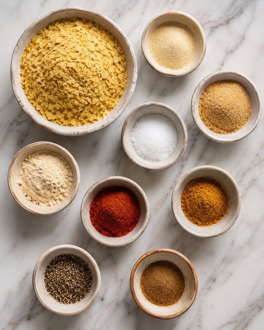 Nine small bowls on a marble surface, each filled with different spices and seasonings, including yellow flakes, salt, pepper, red powder, and various brown and beige powders.