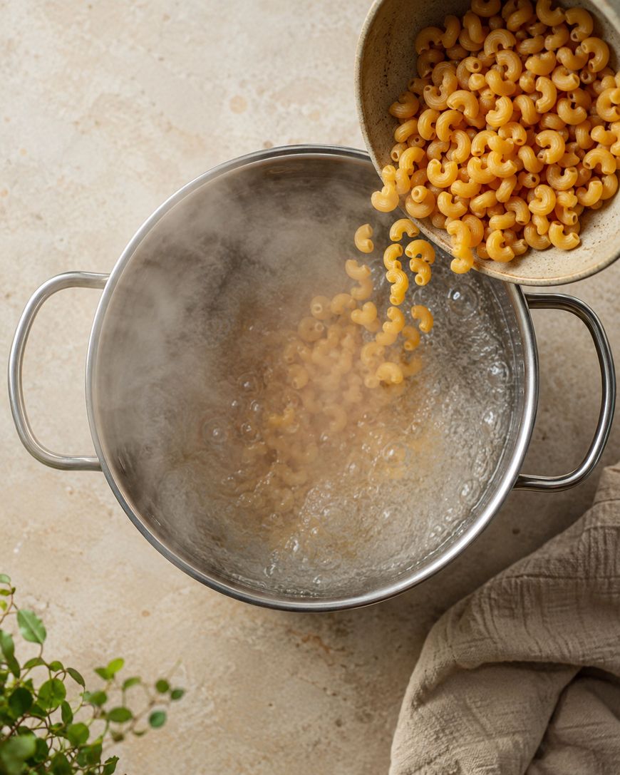 A bowl of uncooked macaroni is being poured into a pot of boiling water, with steam rising from the pot. A plant and a beige cloth are nearby on the countertop.