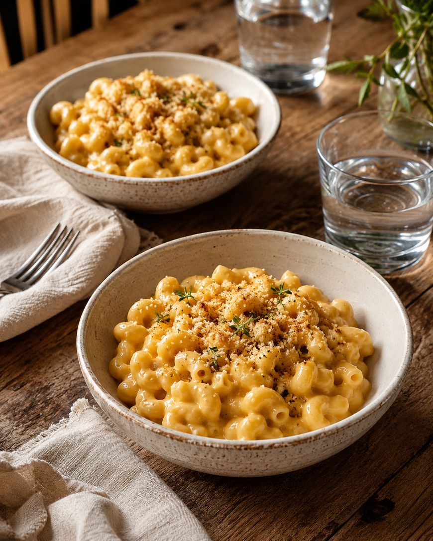 Two bowls of macaroni and cheese topped with breadcrumbs on a wooden table, accompanied by glasses of water, napkins, and forks. A plant is partially visible in the background.