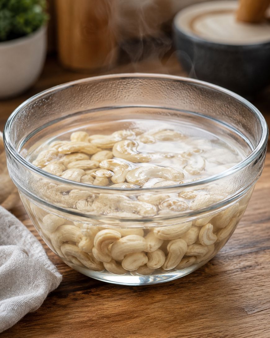 A clear glass bowl filled with cashews soaking in hot water sits on a wooden surface, with steam rising from the bowl.