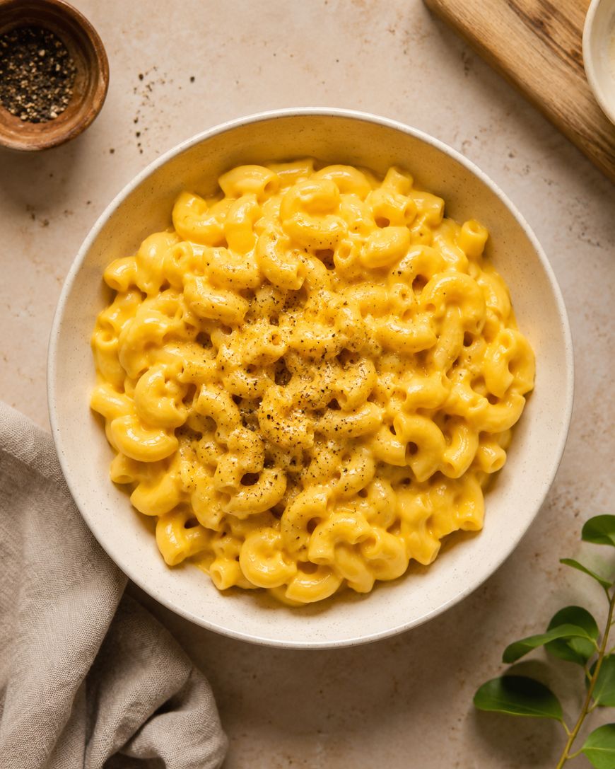 A bowl of creamy macaroni and cheese topped with cracked black pepper sits on a light surface, surrounded by a napkin, a wooden board, a small bowl of pepper, and a sprig of greenery.