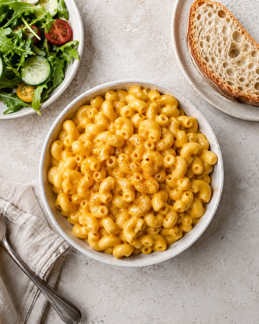 A bowl of creamy macaroni and cheese sits on a table next to a slice of bread and a small plate of salad with tomatoes and cucumbers.