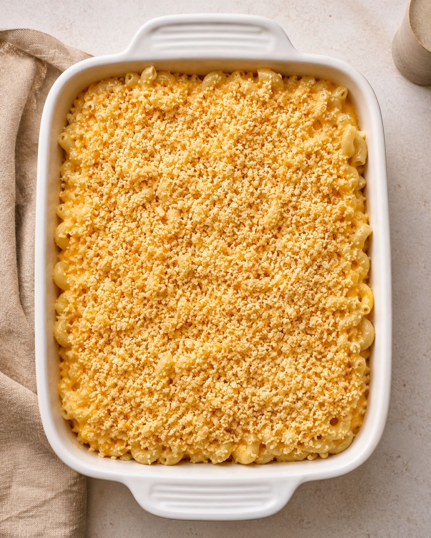 A white baking dish filled with baked macaroni and cheese, topped with a golden breadcrumb crust, sits on a light surface next to a beige napkin.
