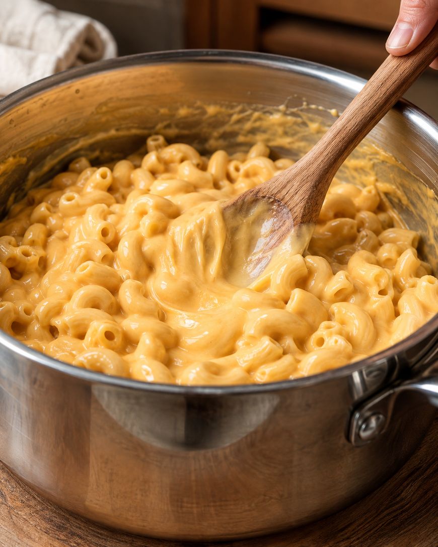 A hand stirs creamy, cheesy macaroni and cheese with a wooden spoon in a stainless steel pot.