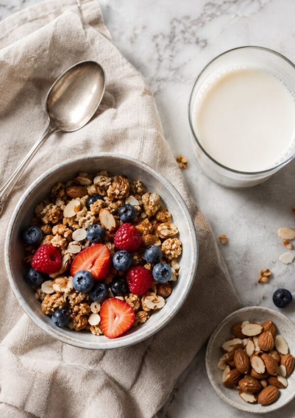 A bowl of granola with strawberries, blueberries, and raspberries sits on a napkin with a spoon nearby. A glass of milk and a small dish of almonds are beside the bowl on a marble surface.