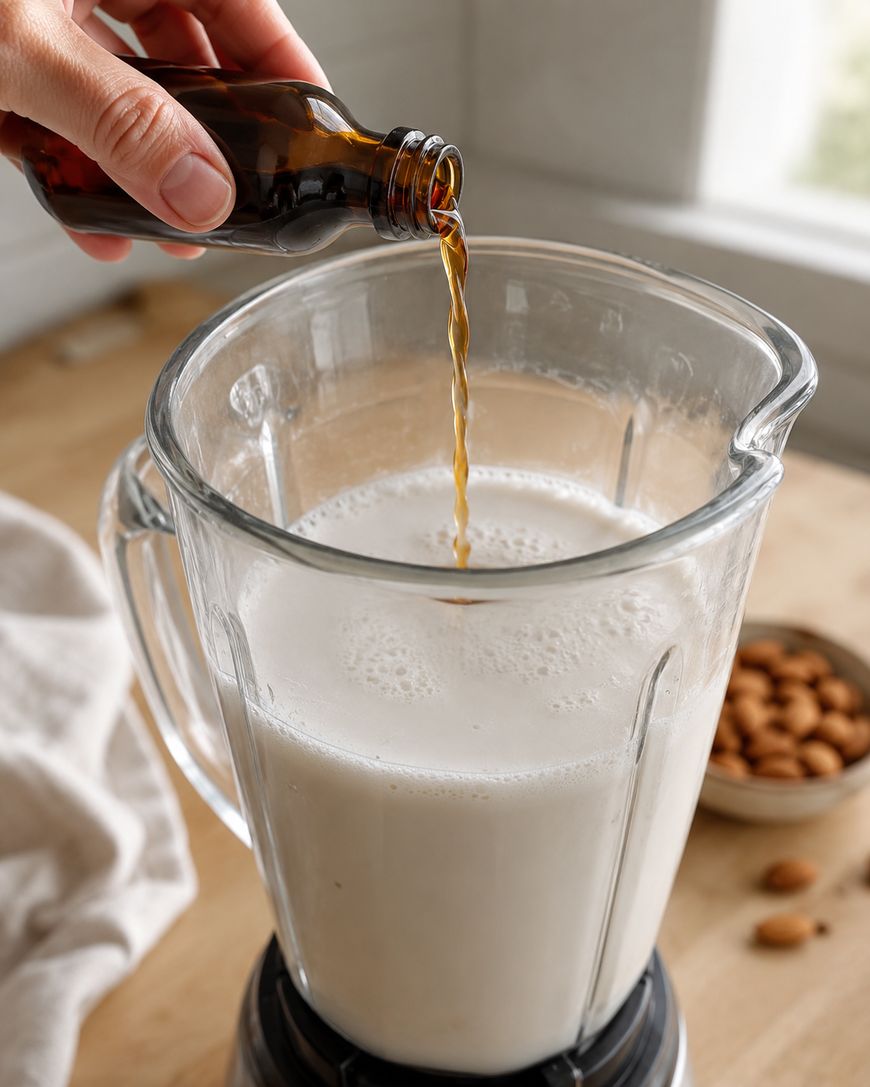 A hand pours vanilla extract from a small bottle into a blender filled with a white liquid, likely almond milk, with almonds scattered on a wooden counter nearby.