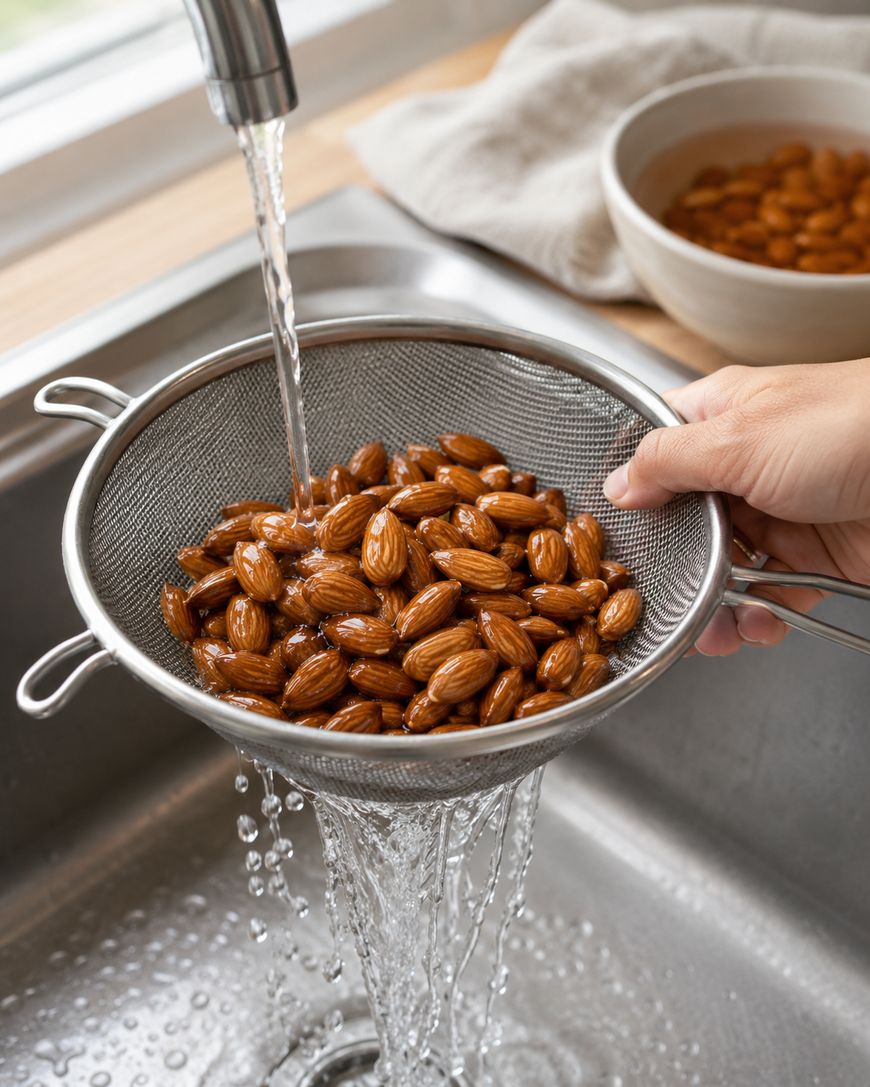 A hand rinses soaked almonds in a metal strainer under running water at a kitchen sink, with a bowl of more almonds in the background.