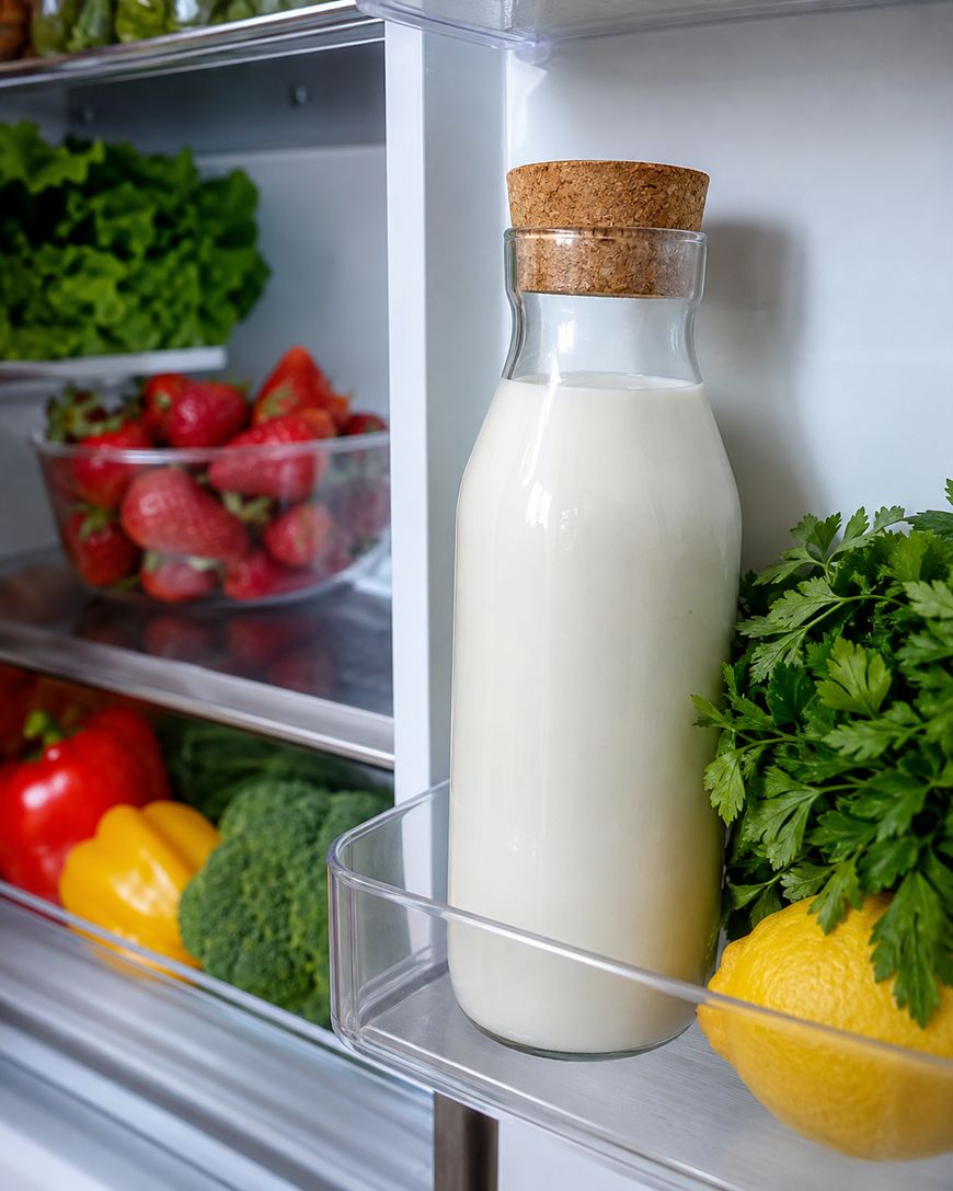 A glass bottle of milk with a cork lid stands in a refrigerator door, surrounded by fresh parsley and a lemon. In the fridge, there are strawberries, leafy greens, a red pepper, yellow pepper, and broccoli.