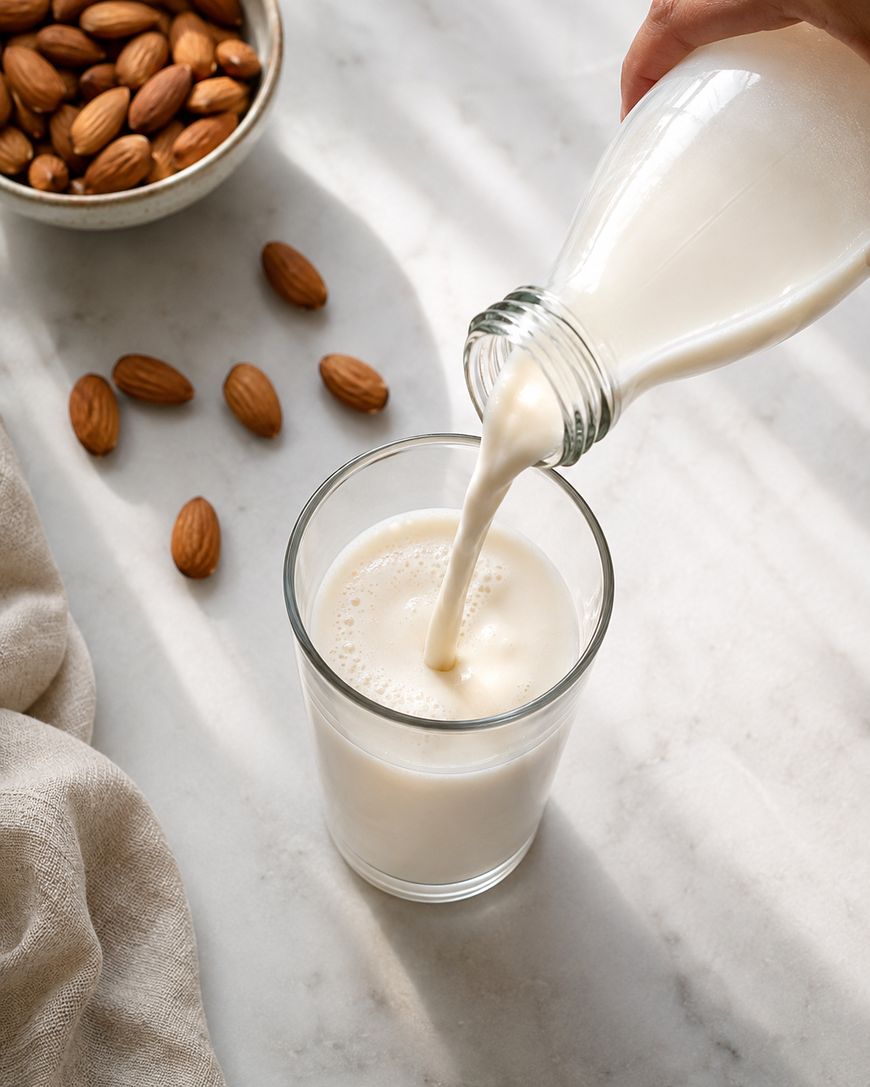 A hand pours almond milk from a glass bottle into a clear glass on a marble surface; whole almonds and a bowl of almonds are nearby.