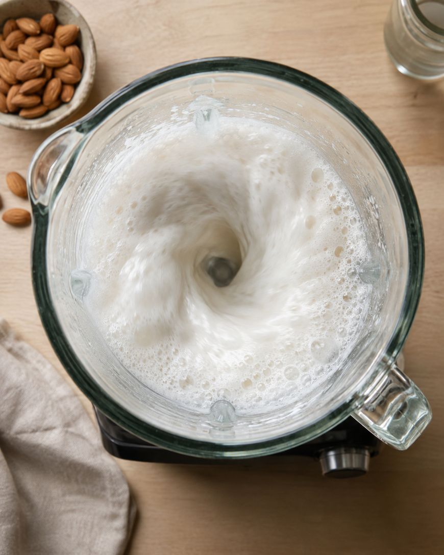 A top-down view of a blender mixing a white liquid, likely almond milk, on a wooden surface with a bowl of almonds and a glass of water nearby.