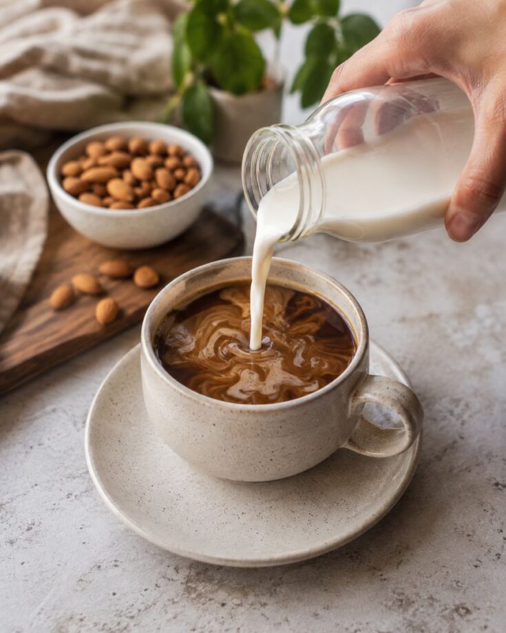 A hand pours milk from a glass bottle into a cup of coffee on a saucer. A bowl of almonds and a plant are in the background on a textured surface.