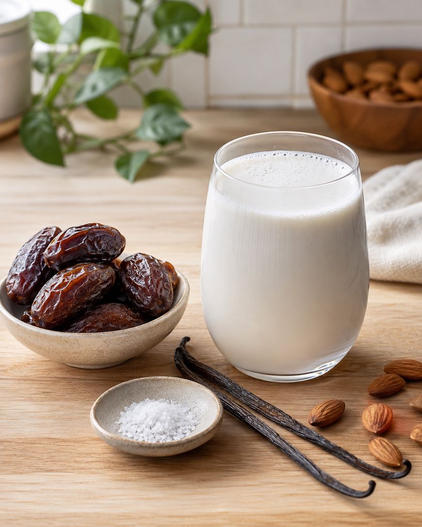 A glass of almond milk sits on a wooden surface next to a bowl of dates, whole almonds, a small dish of salt, and two vanilla beans, with plants and a bowl of almonds in the background.
