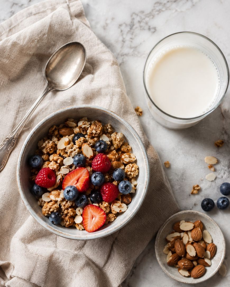 A bowl of granola with strawberries, blueberries, and raspberries sits on a napkin with a spoon nearby. A glass of milk and a small bowl of almonds and seeds are on the side.