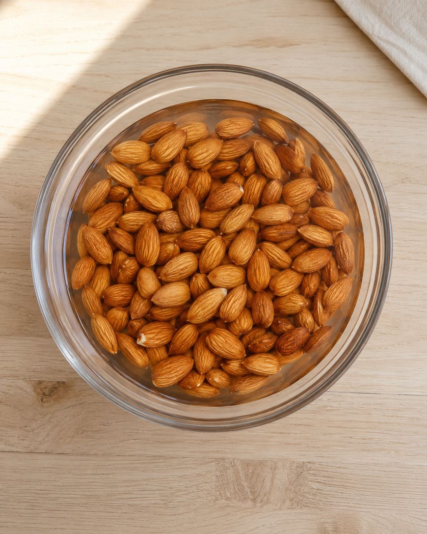 A glass bowl filled with whole raw almonds soaking in water, placed on a light wooden surface with sunlight shining from the top left corner.