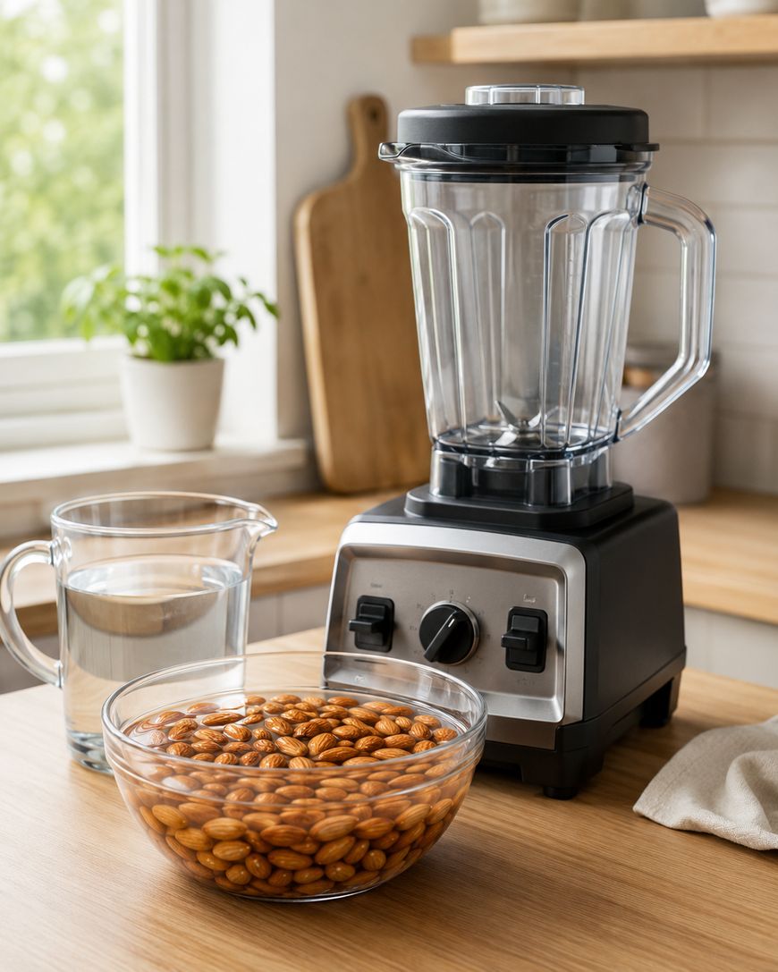 A blender on a kitchen counter with a glass bowl of soaked almonds and a glass pitcher of water nearby. Cutting boards and a potted plant are in the background.
